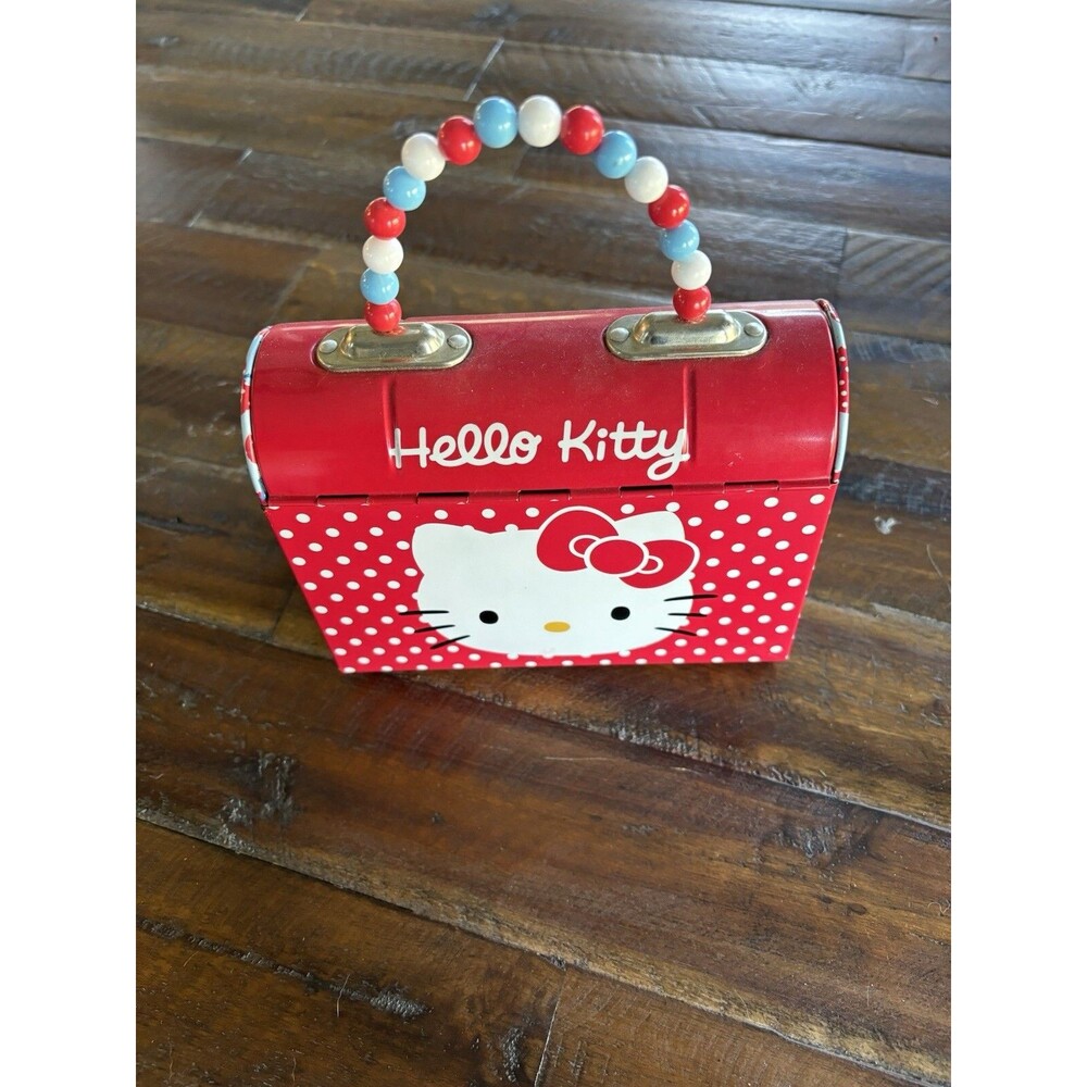 Hello Kitty Tin Purse Lunchbox Beaded Handle Red with Apples 2007 Vintage